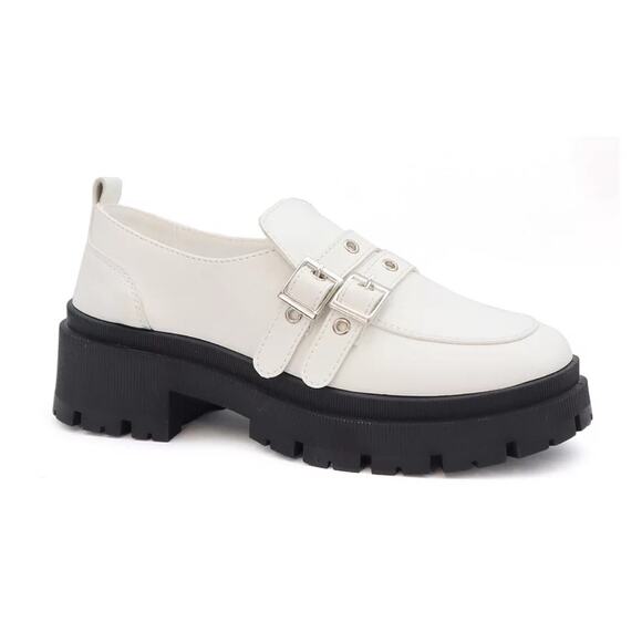 Yoki Shoes - Yoki Simmons Lug Sole Loafers 2 Buckle Straps White Faux Leather Womens US10 NEW